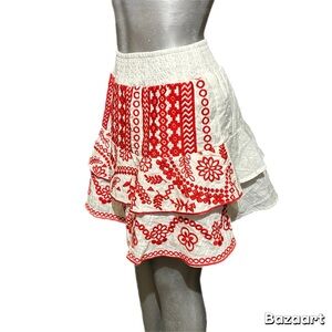 Savannah Jane The Olivia Mini Skirt A Line White/Red  Peasant Embroidered Small
